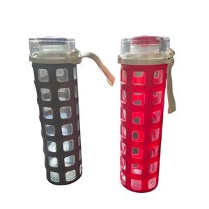 2 Ello Syndicate Glass Water Bottles with One-Touch Flip Lid  Pink Gray 20-ounce